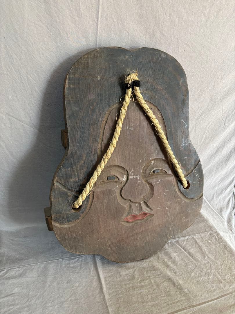 下駄屋 時代看板 おかめ 木彫り 51cm 縁起物 壁掛け