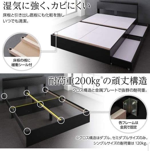 セミダブルサイズベッド収納コンセント付き ブラック