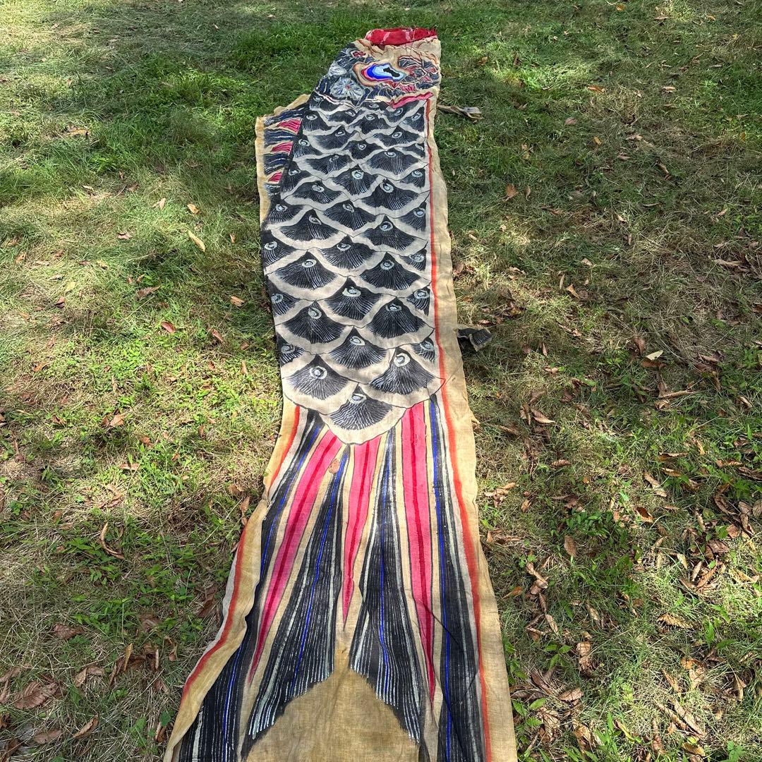 【希少・古布】蔵出しアンティーク鯉のぼり 麻布製 手描き彩色 5.2m 昭和初期