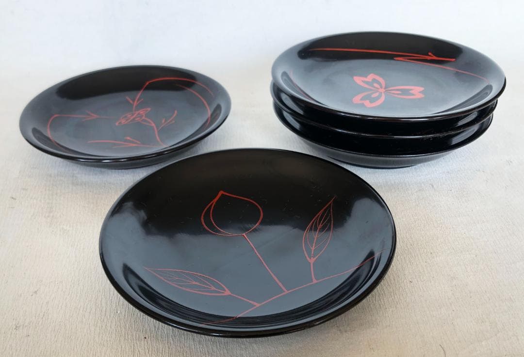 銘々皿 漆塗 民芸絵変わり鈴木繁男デザイン 5枚 取皿 5寸 14.5ｃｍ 木製