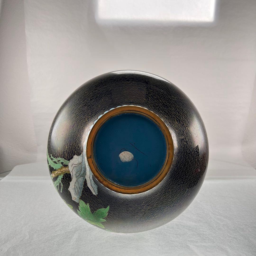 B021黒色手描き花柄陶器花瓶