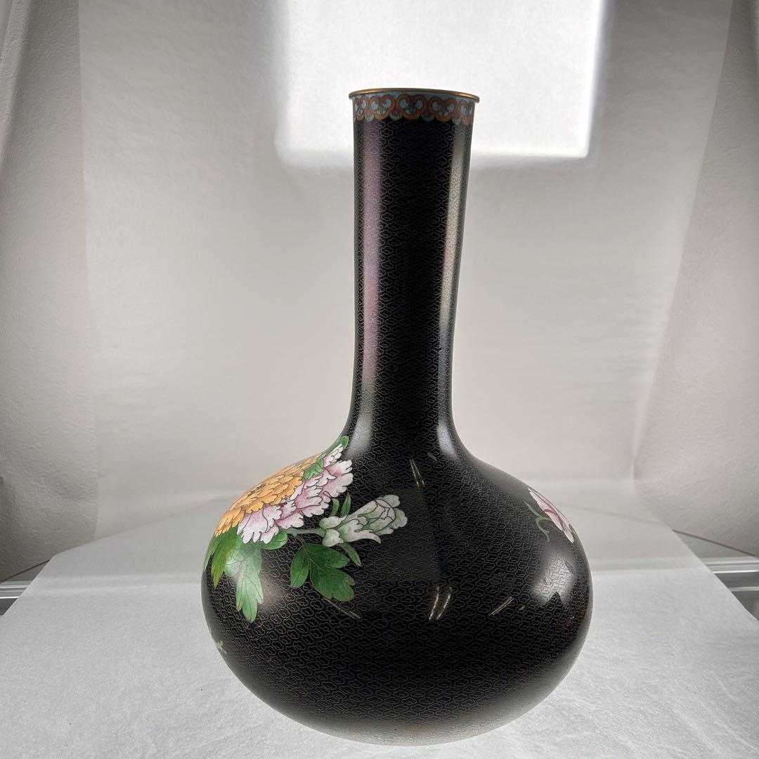 B021黒色手描き花柄陶器花瓶