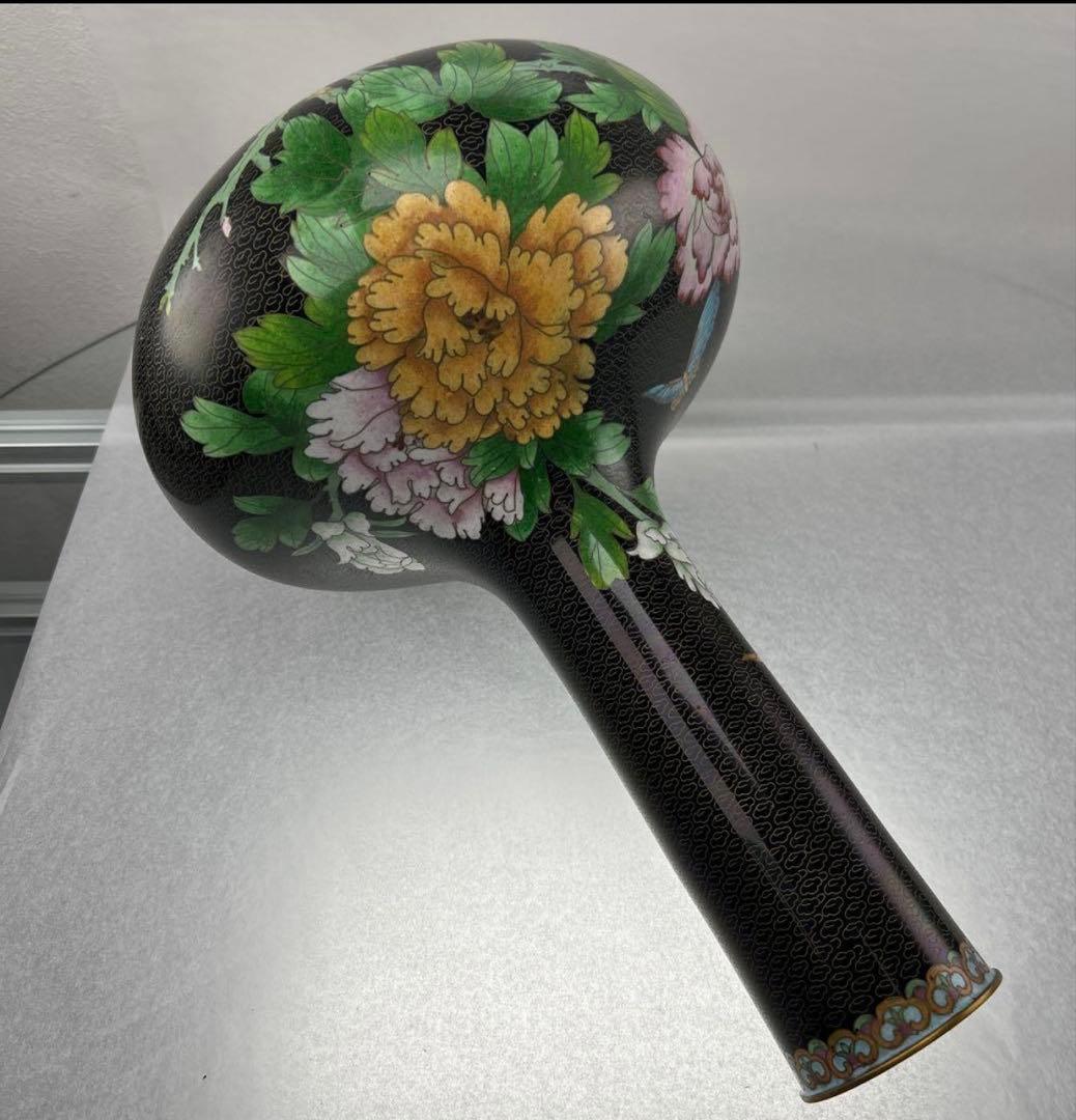 B021黒色手描き花柄陶器花瓶