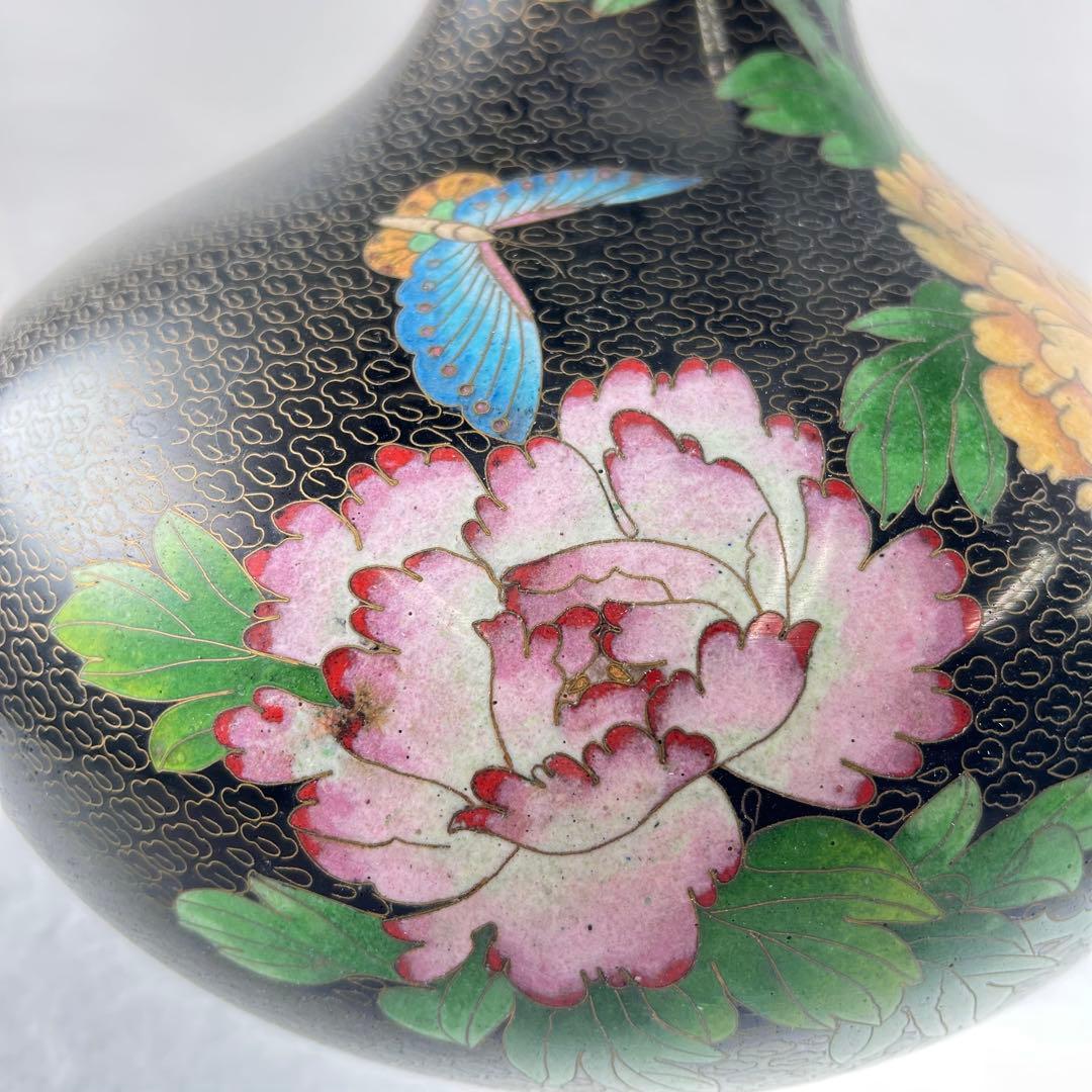 B021黒色手描き花柄陶器花瓶