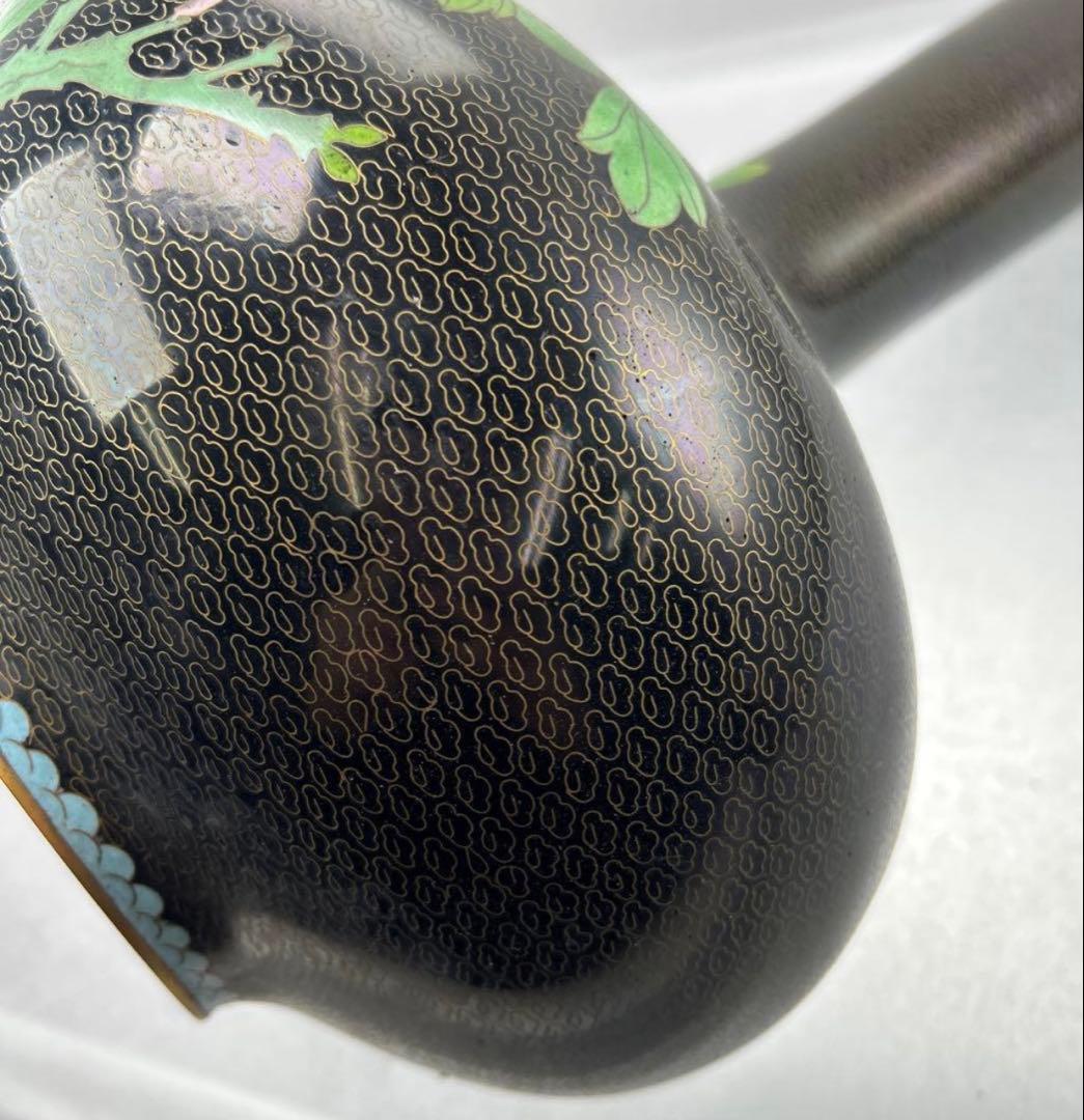 B021黒色手描き花柄陶器花瓶