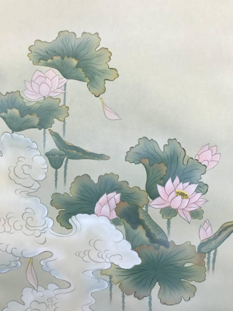 真作/園田秀園/聖蓮花図/蓮図/ハス図/掛軸☆宝船☆AD-458