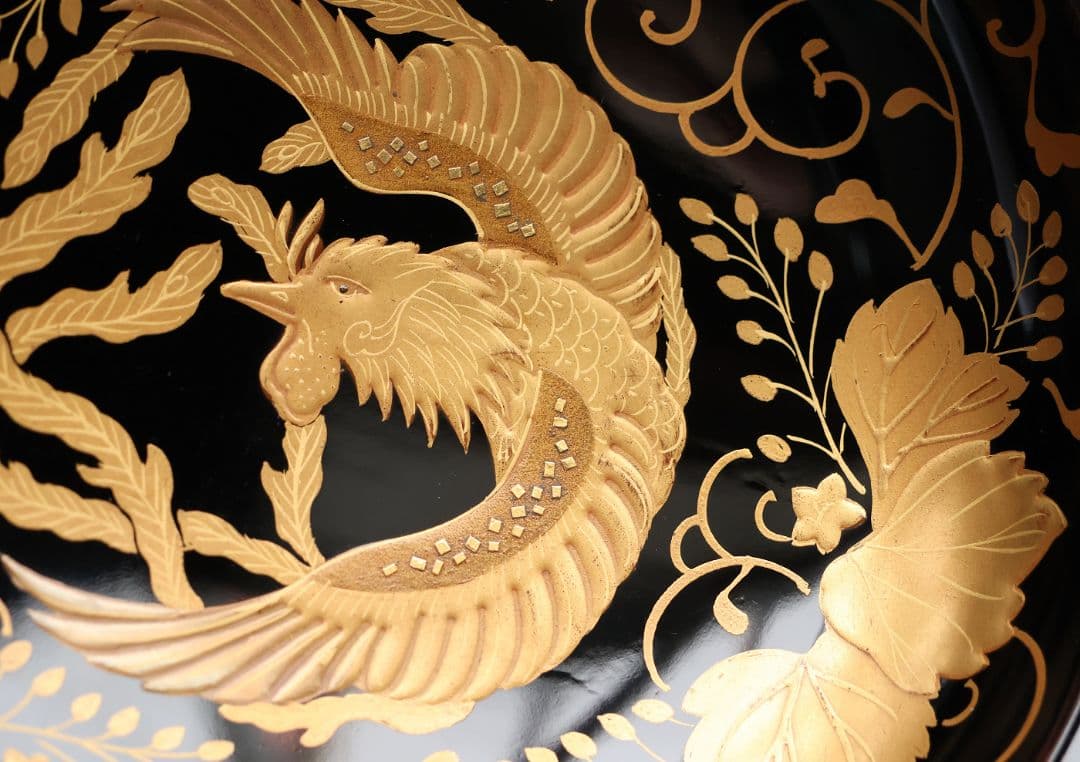 MB193】天然木漆塗 鳳凰桐唐草 金蒔絵 黒塗 吸物椀 二客 大正昭和