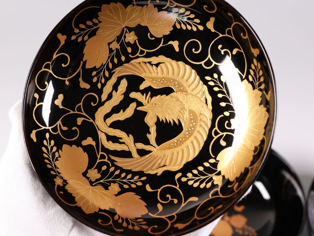 MB193】天然木漆塗 鳳凰桐唐草 金蒔絵 黒塗 吸物椀 二客 大正昭和