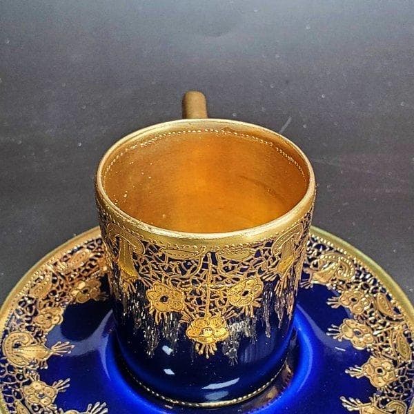 初期オールドノリタケ メープルリーフ印 金盛上藍線帯華装飾紋カップ