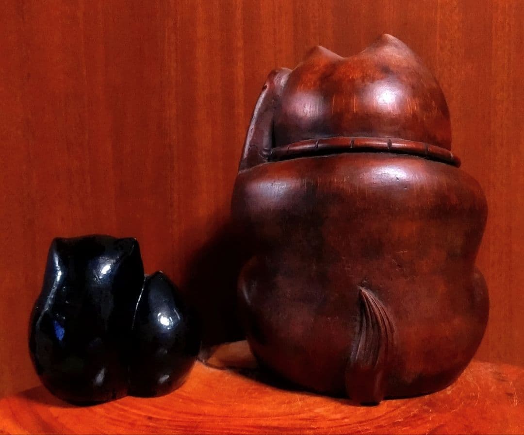 木彫り 招き猫 大小２点セット アンティーク 美品