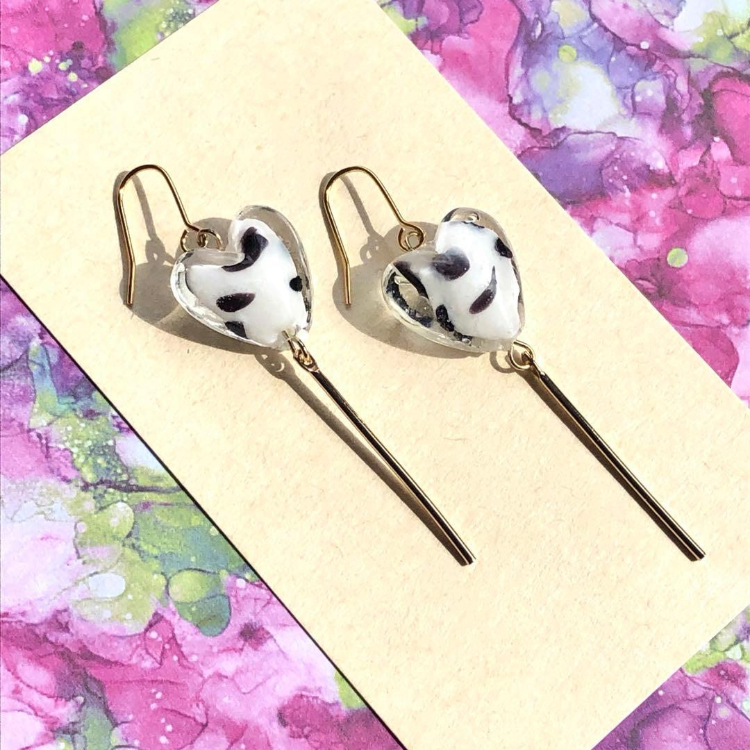 【689】ラスト1点 レオパード ガラスビーズ ハート ピアス イヤリング