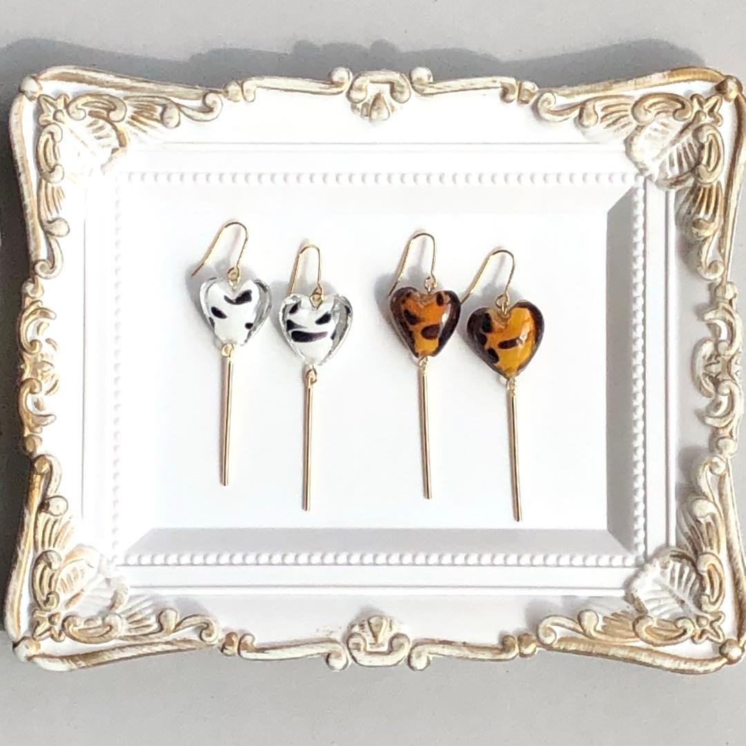 【689】ラスト1点 レオパード ガラスビーズ ハート ピアス イヤリング