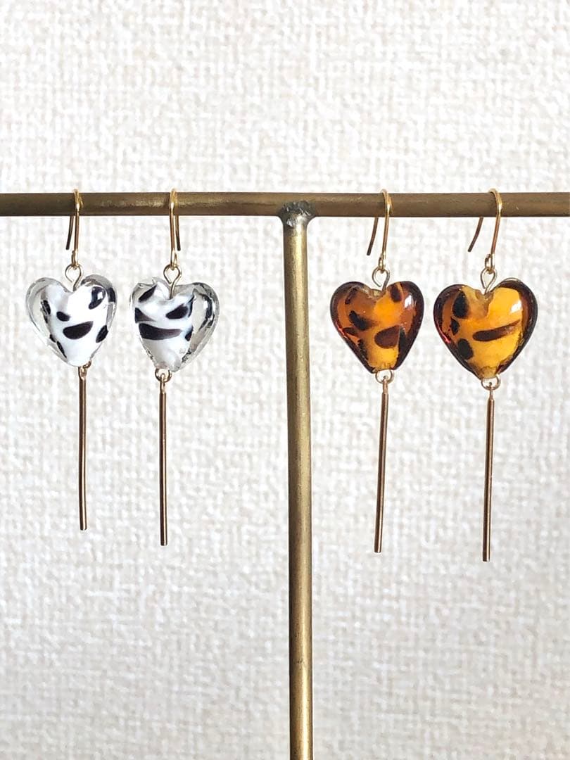 【689】ラスト1点 レオパード ガラスビーズ ハート ピアス イヤリング