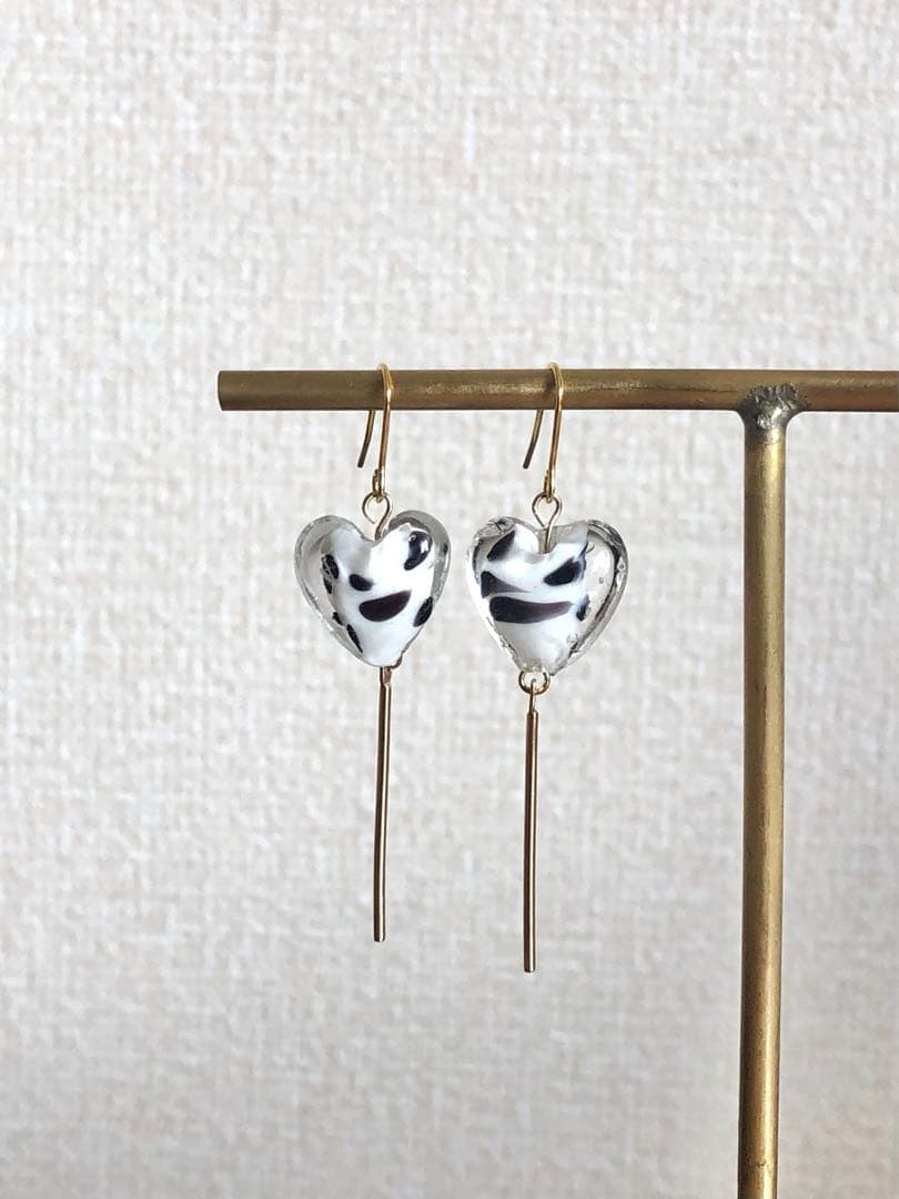 【689】ラスト1点 レオパード ガラスビーズ ハート ピアス イヤリング