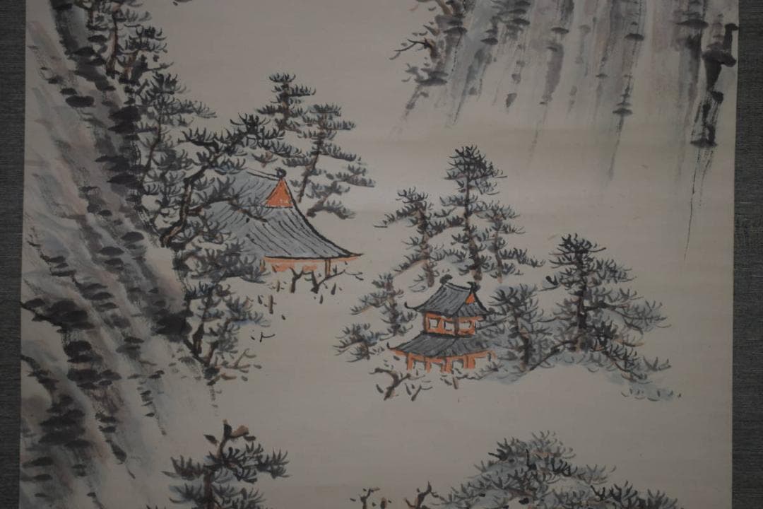 真作/物外/蓬莱山画賛/山水図/鶴/布袋屋掛軸HJ-58