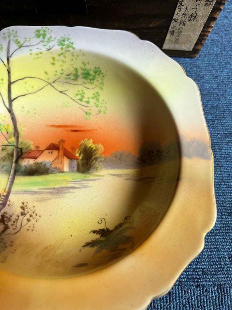 1078 [オールドノリタケ] 夕焼湖畔風景文 菓子器鉢 江戸末期 時代物