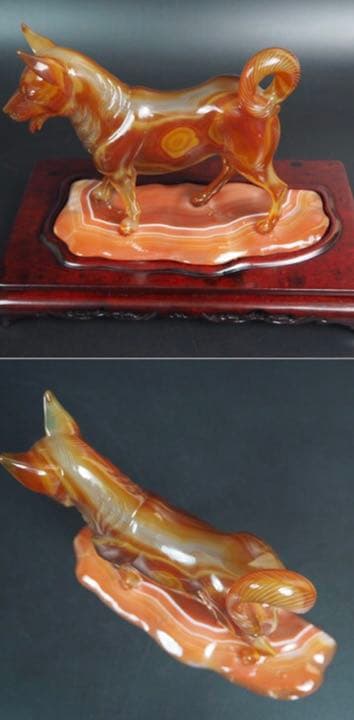 送料無料　名工土橋正市作　極上瑪瑙彫刻犬置物 共箱・作歴・証明書