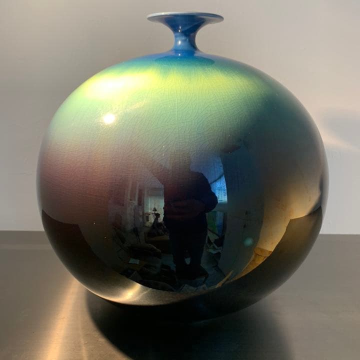 九谷焼 人間国宝 三代 徳田八十吉 (徳田正彦)「碧明釉壷」26cm 共布共