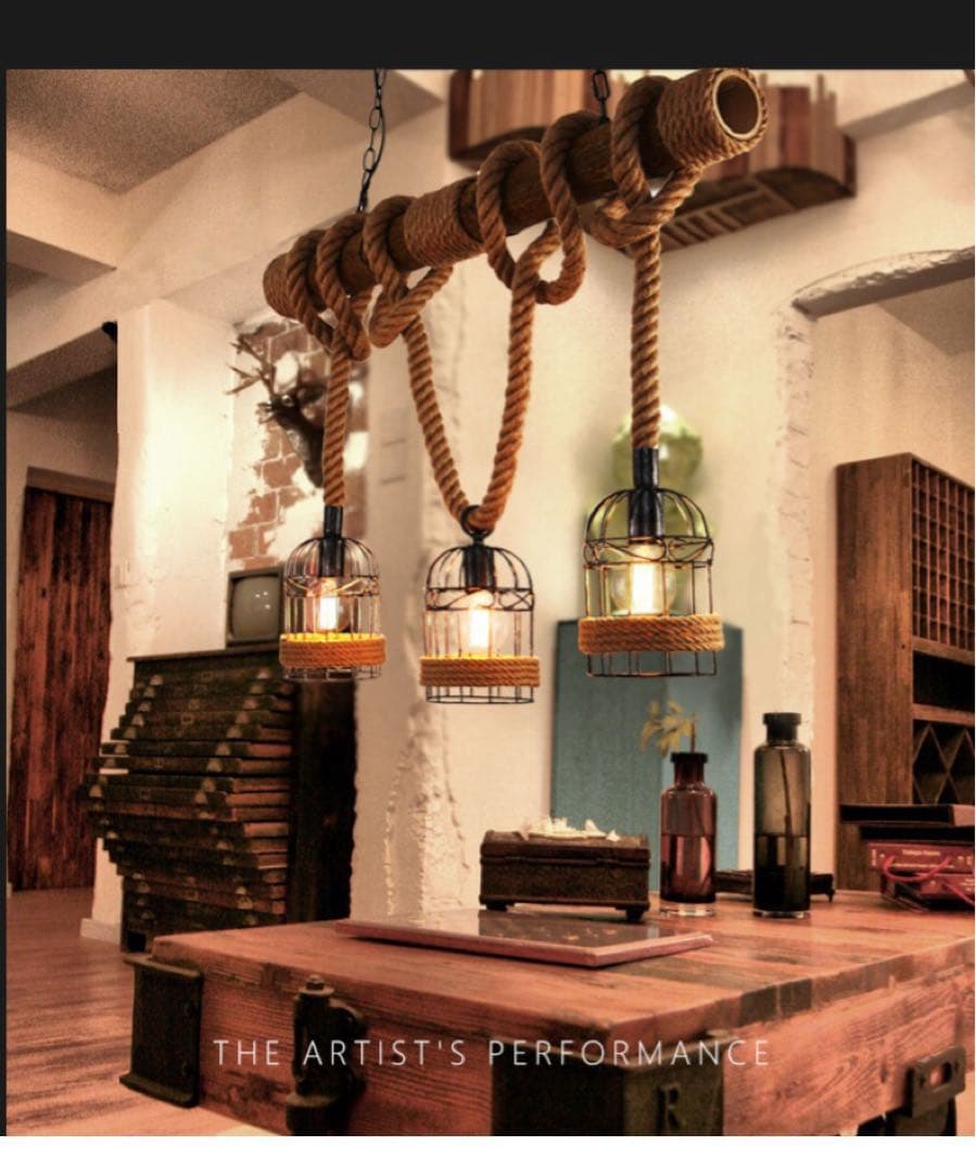 LED電球付き ヴィンテージ風 3灯シャンデリア 木材・金属・ロープ製