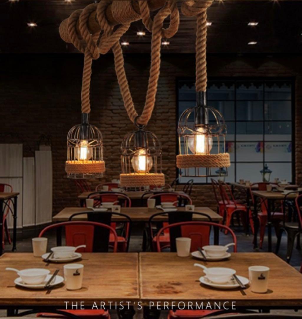 LED電球付き ヴィンテージ風 3灯シャンデリア 木材・金属・ロープ製