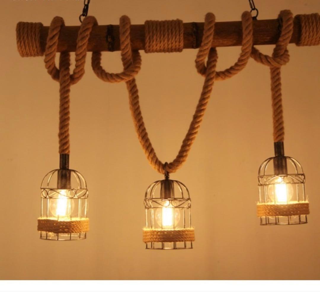 LED電球付き ヴィンテージ風 3灯シャンデリア 木材・金属・ロープ製