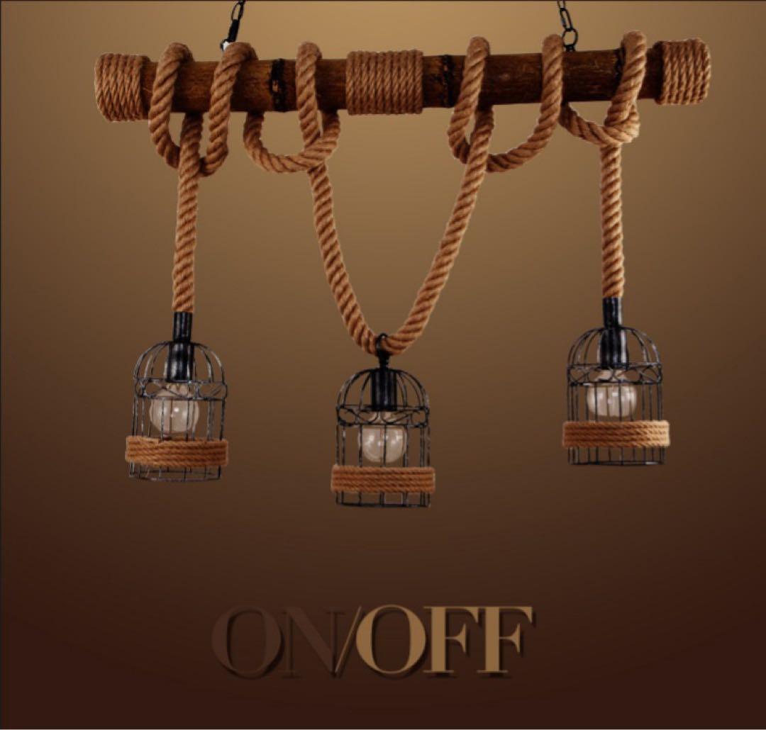 LED電球付き ヴィンテージ風 3灯シャンデリア 木材・金属・ロープ製