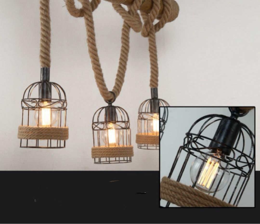LED電球付き ヴィンテージ風 3灯シャンデリア 木材・金属・ロープ製
