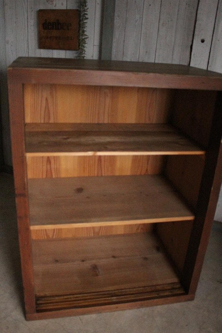 古く味のある木枠格子ガラス戸棚　食器棚　水屋　キャビネット　古家具