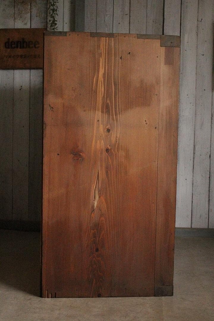 古く味のある木枠格子ガラス戸棚　食器棚　水屋　キャビネット　古家具