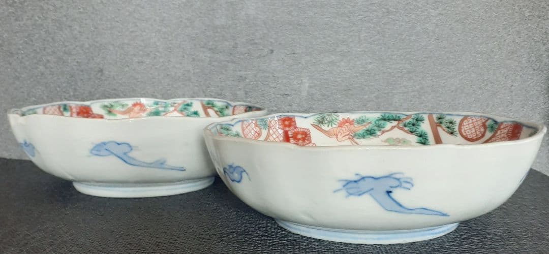 江戸時代末期～明治 古伊万里 錦手 金彩色絵 松鶴図 赤絵金彩 大振り膾