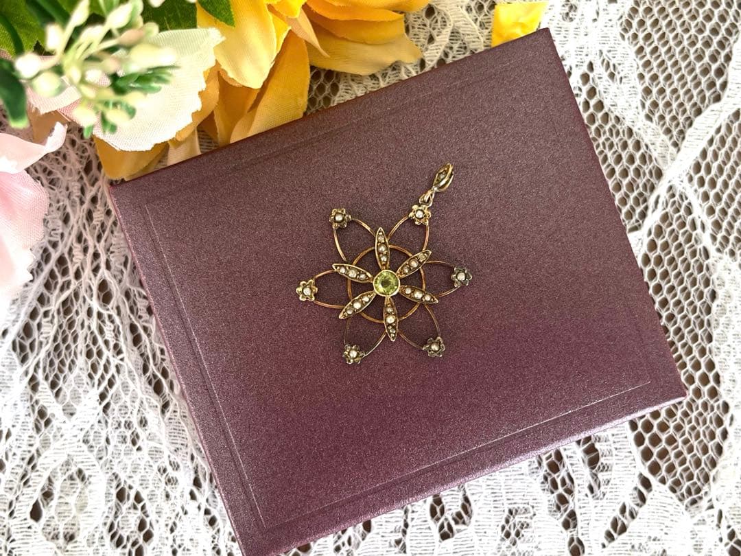 ★早い者勝ち★ 英国 ヴィクトリアン ペリドット ペンダント 9金 シードパール