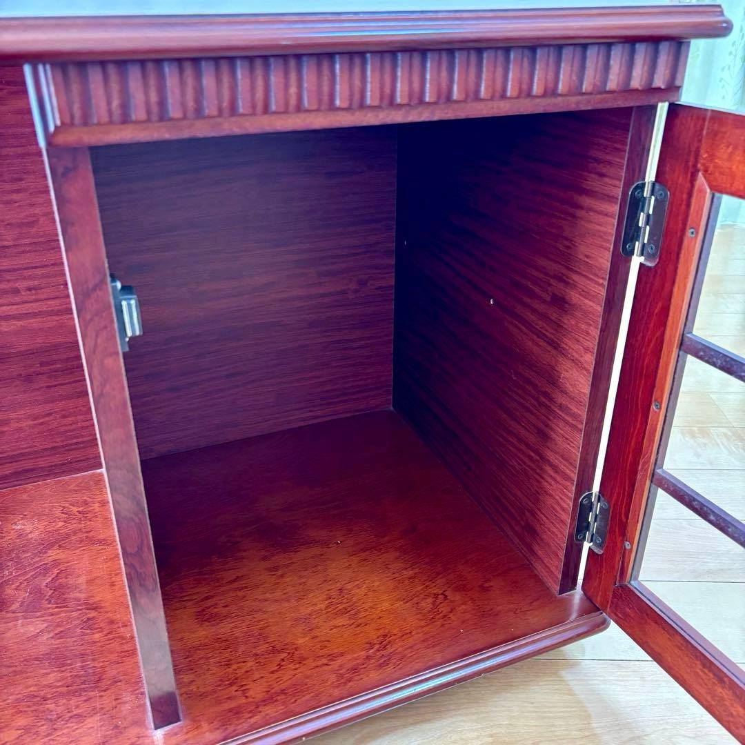 四国工芸 木製 ガラス格子戸付 キャスター ワゴン キャビネット 昭和レトロ