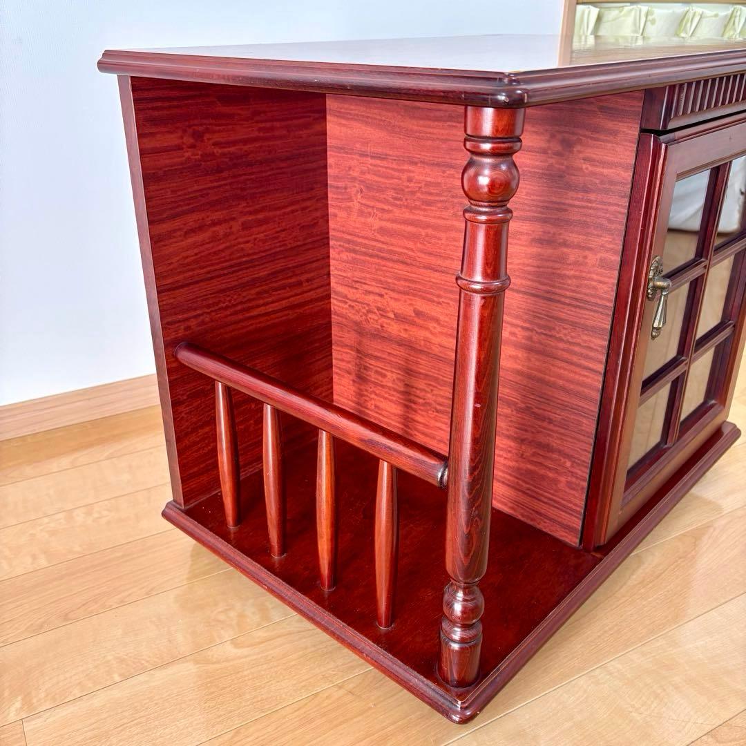 四国工芸 木製 ガラス格子戸付 キャスター ワゴン キャビネット 昭和レトロ