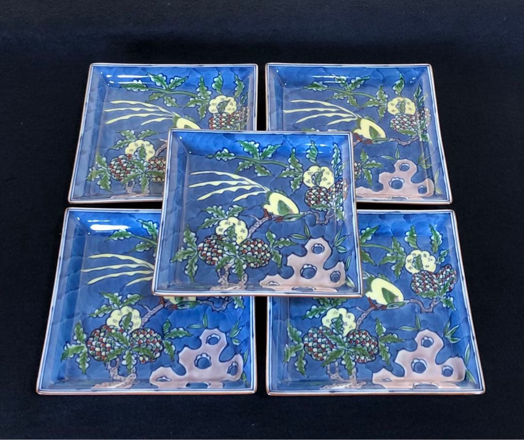 《レ》有田焼 染錦古代花鳥 銘々皿5客 源右衛門作 共箱 251127お1