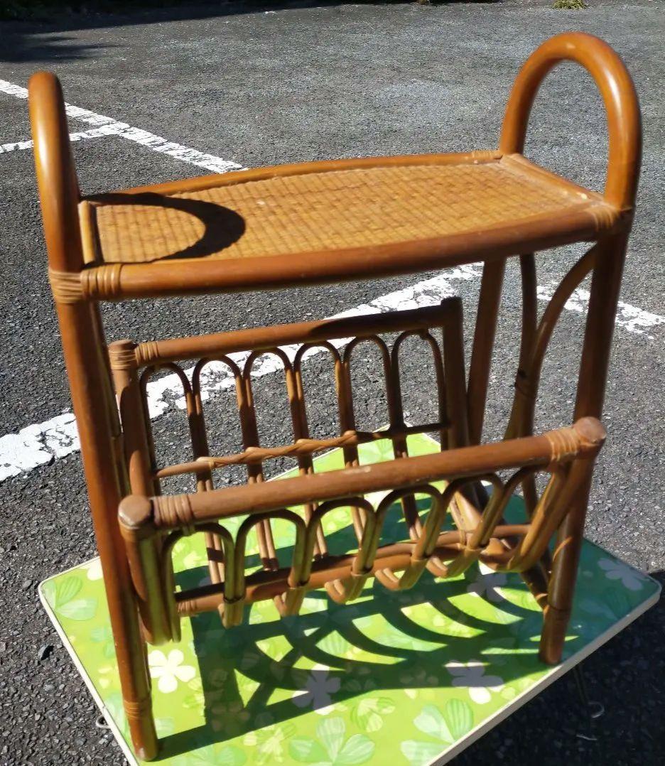 昭和レトロ・ラタン・籐・マガジンラック・フラワースタンド・飾り台