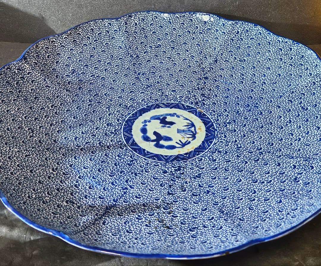 【特大❗】明治時代　印判　銅版転写 みじん唐草　裏　たこ唐草　径46.4cm大皿