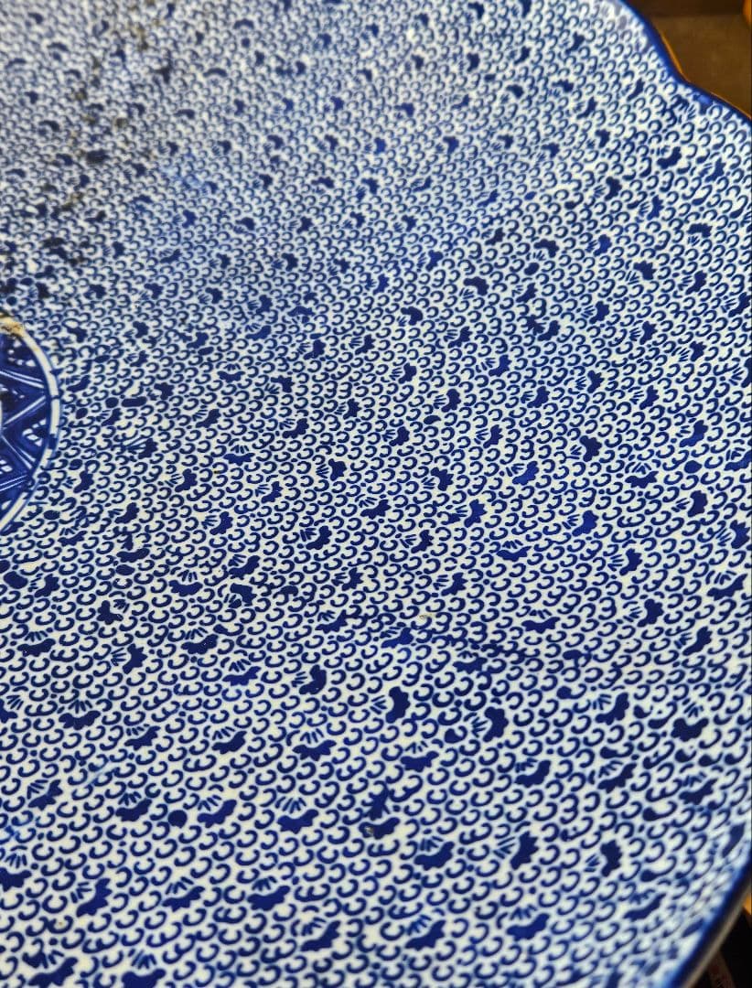 【特大❗】明治時代　印判　銅版転写 みじん唐草　裏　たこ唐草　径46.4cm大皿