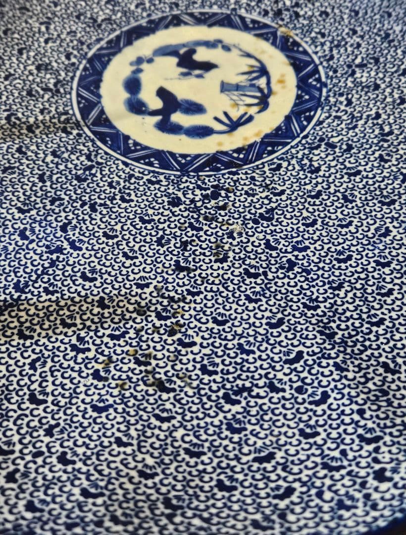 【特大❗】明治時代　印判　銅版転写 みじん唐草　裏　たこ唐草　径46.4cm大皿