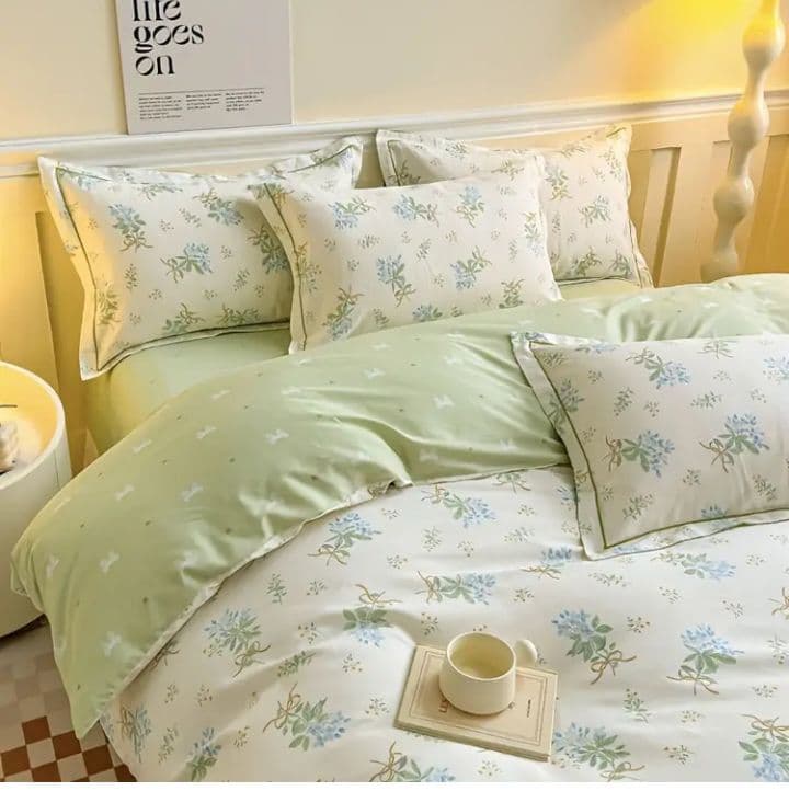 新品★綿100%ブルーすみれ花束とリボンのシングル布団カバーと枕カバー３点セット