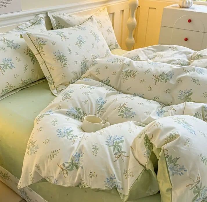 新品★綿100%ブルーすみれ花束とリボンのシングル布団カバーと枕カバー３点セット