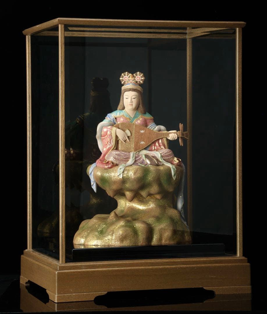 現代大仏師 向吉悠睦 秀逸作 木彫彩色像 琵琶を奏でる天女 ガラス