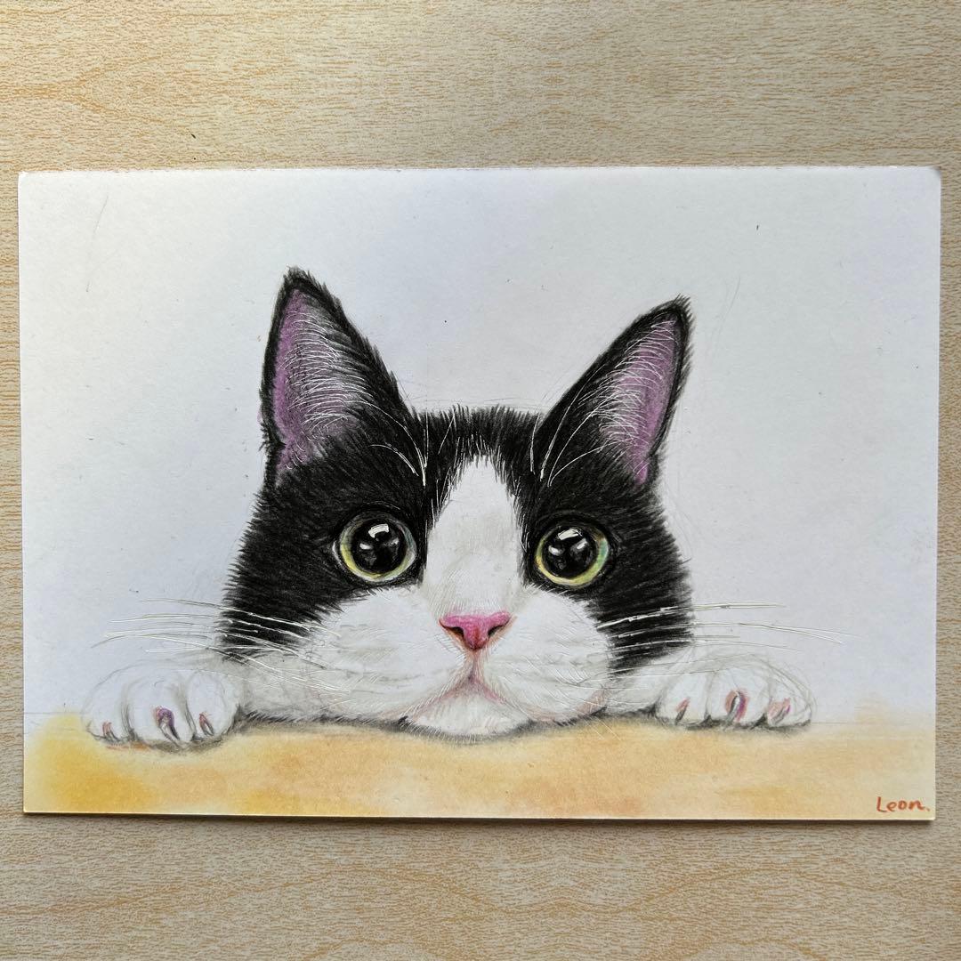 猫 絵画 子猫 イラスト 水彩色鉛筆 油彩色鉛筆 原画 ハチワレ猫ちゃん