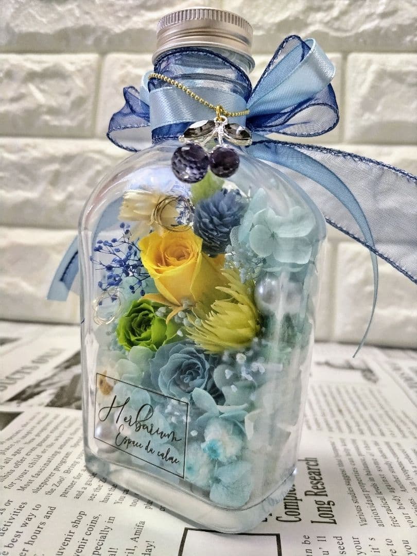 3色のバラとミニシルバーディジーをあなたに… ハーバリウムボトルフラワー