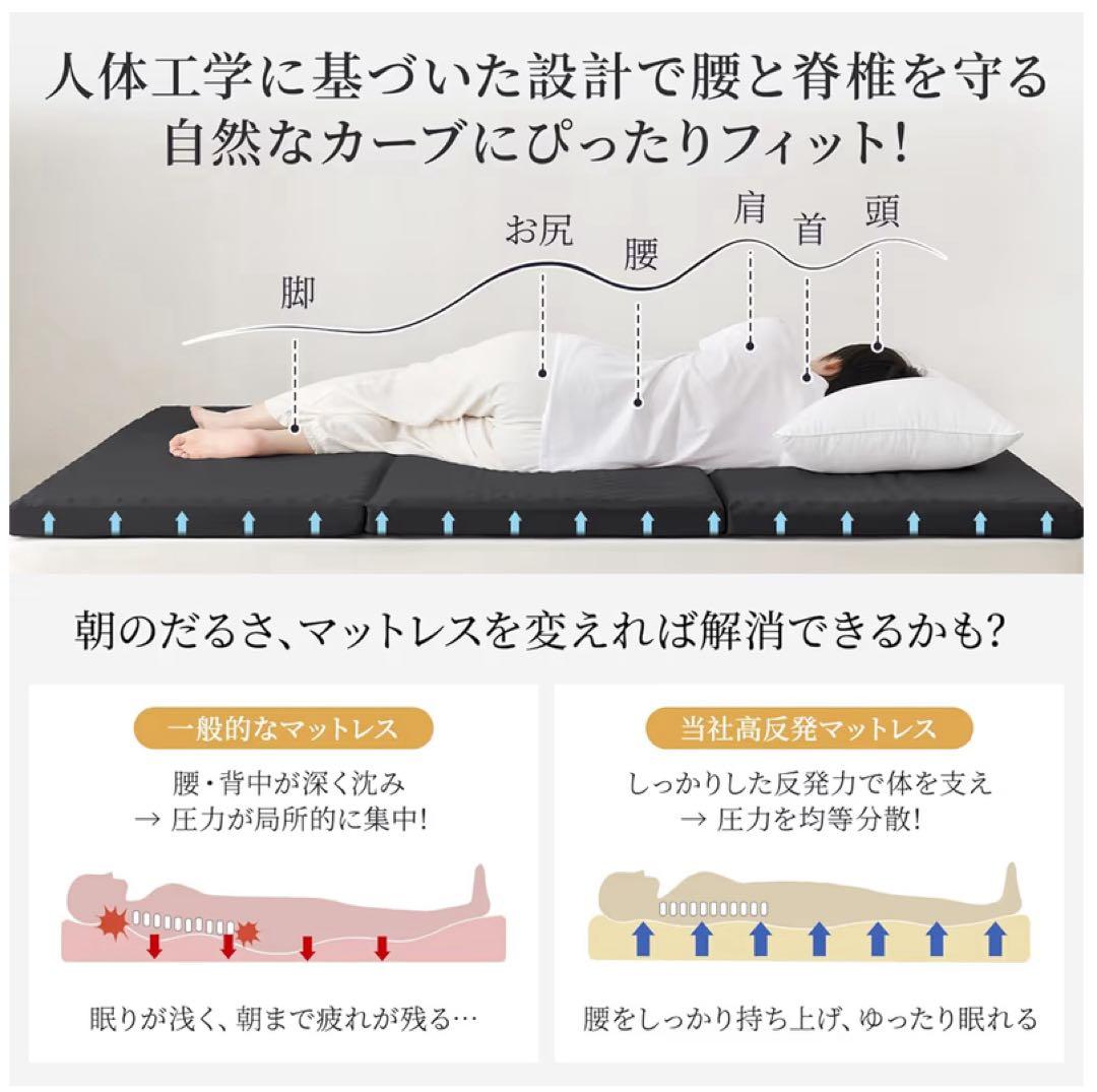 クモリKumori三つ折りマットレス ダブル高反発195×140×6cmブラック