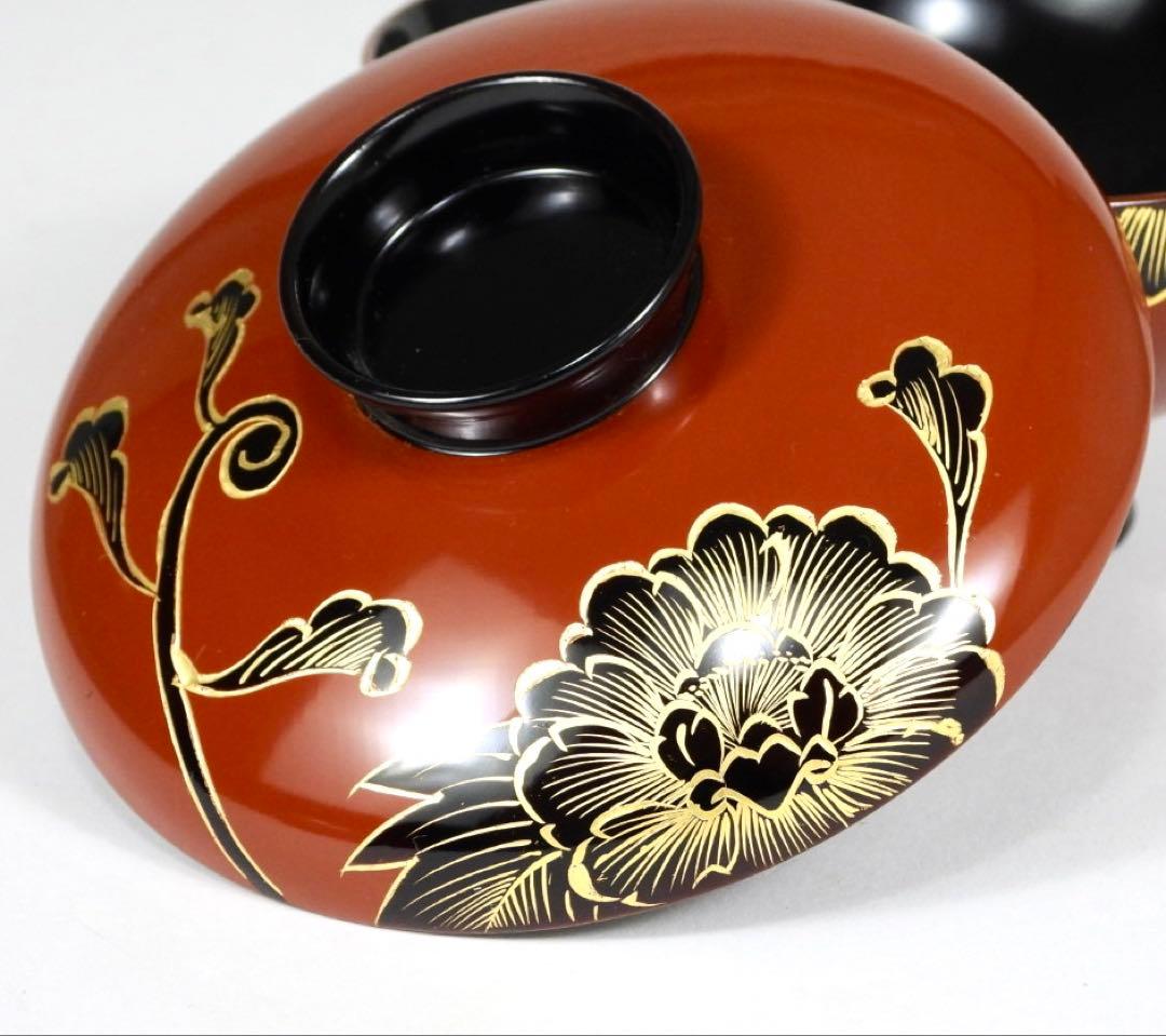 漆器 輪島塗 金蒔絵牡丹 木製 蓋付椀 お煮物椀 吸物椀 4客 共箱の通販