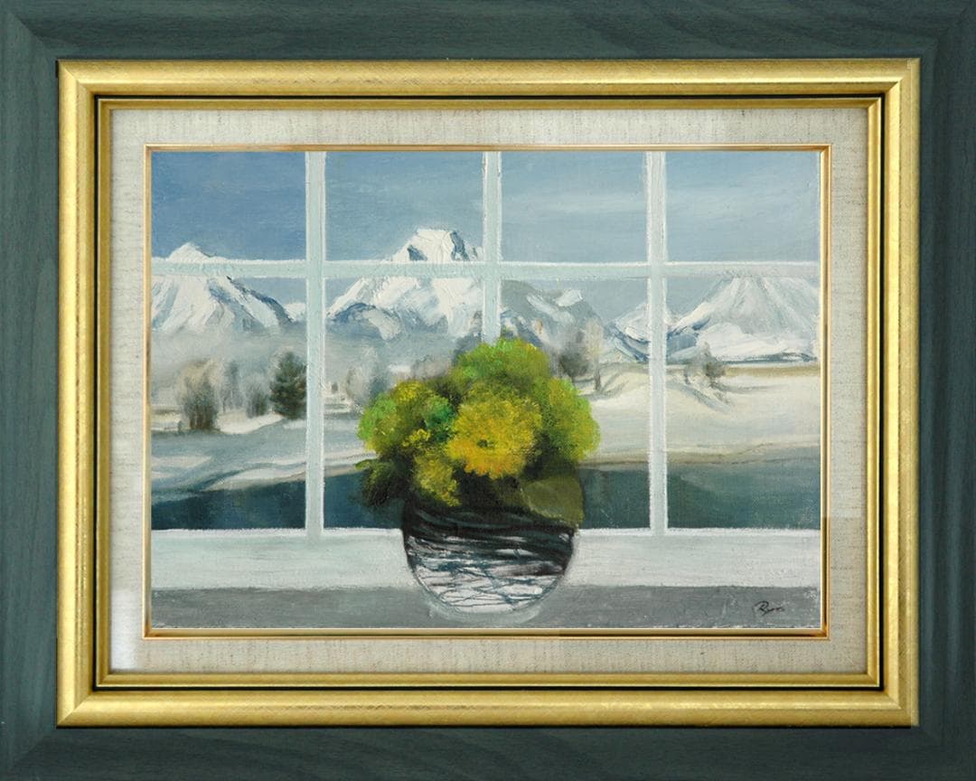 油絵 菅家令子 絵 絵画インテリア 額付(青緑＋金色の枠) F4-070602