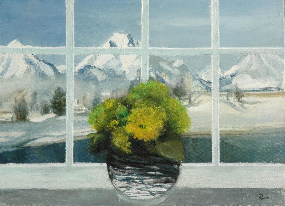 油絵 菅家令子 絵 絵画インテリア 額付(青緑＋金色の枠) F4-070602