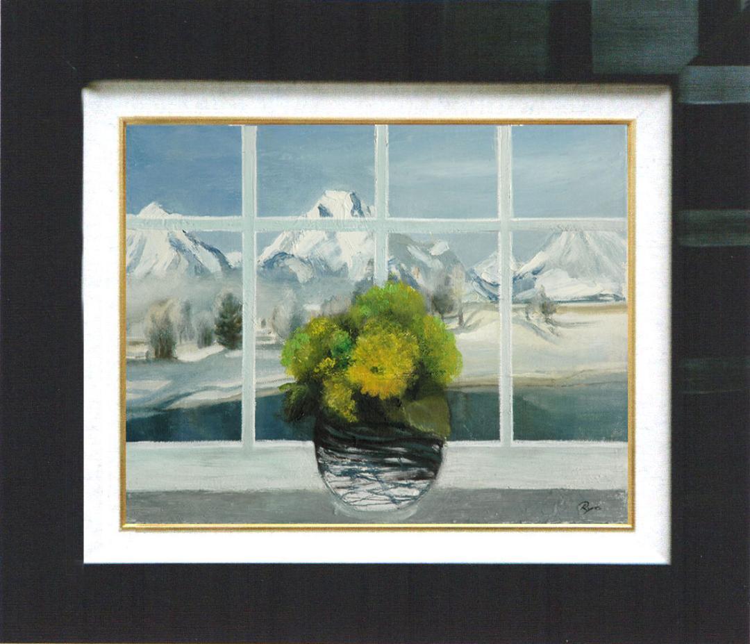 油絵 菅家令子 絵 絵画インテリア 額付(青緑＋金色の枠) F4-070602