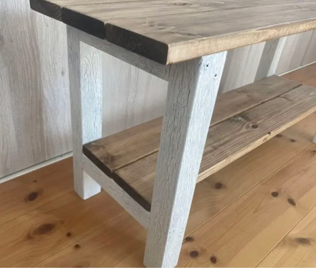 値下げ！新作☆古材風スツールベンチ兼飾り棚☆スノーホワイト×ジャコビアン