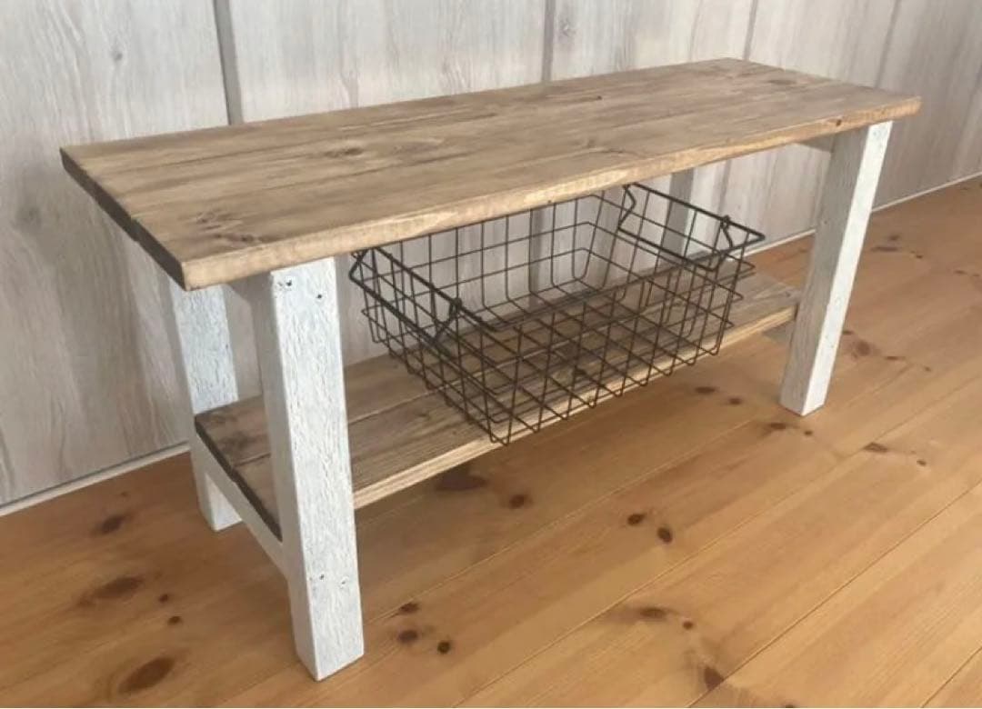 値下げ！新作☆古材風スツールベンチ兼飾り棚☆スノーホワイト×ジャコビアン